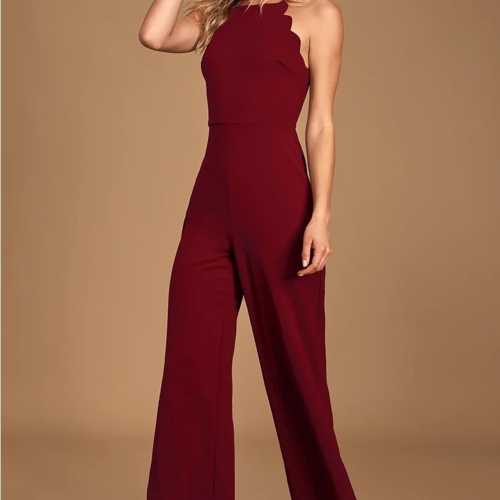 Burgundy scalloped sleeveless wide leg jumpsuit